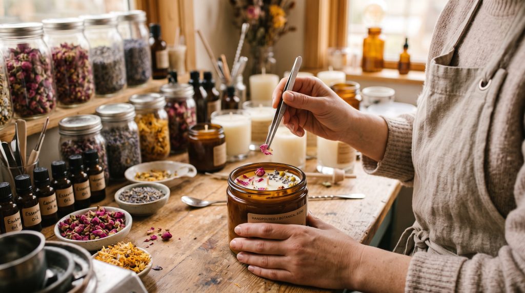 artesana haciendo velas aromaticas personalizadas en taller