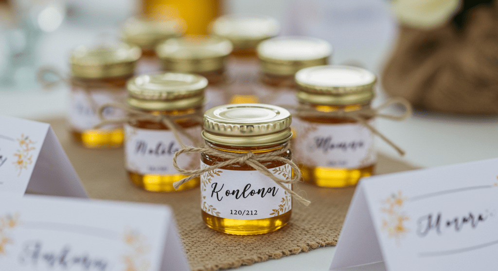 marcasitio en frasco de miel personalizado como recuerdo de boda