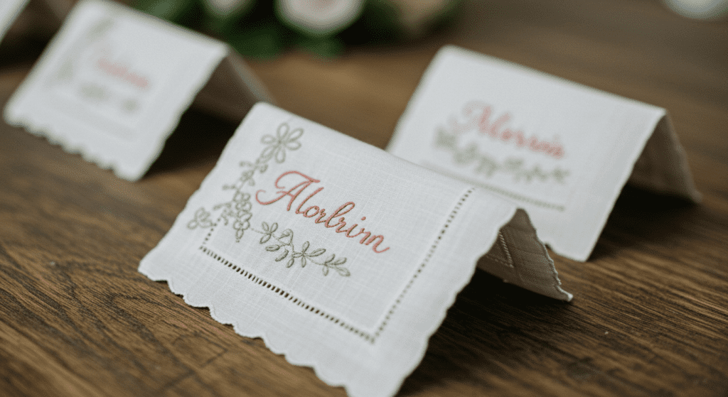 marcasitio en servilleta bordada con nombre del invitado