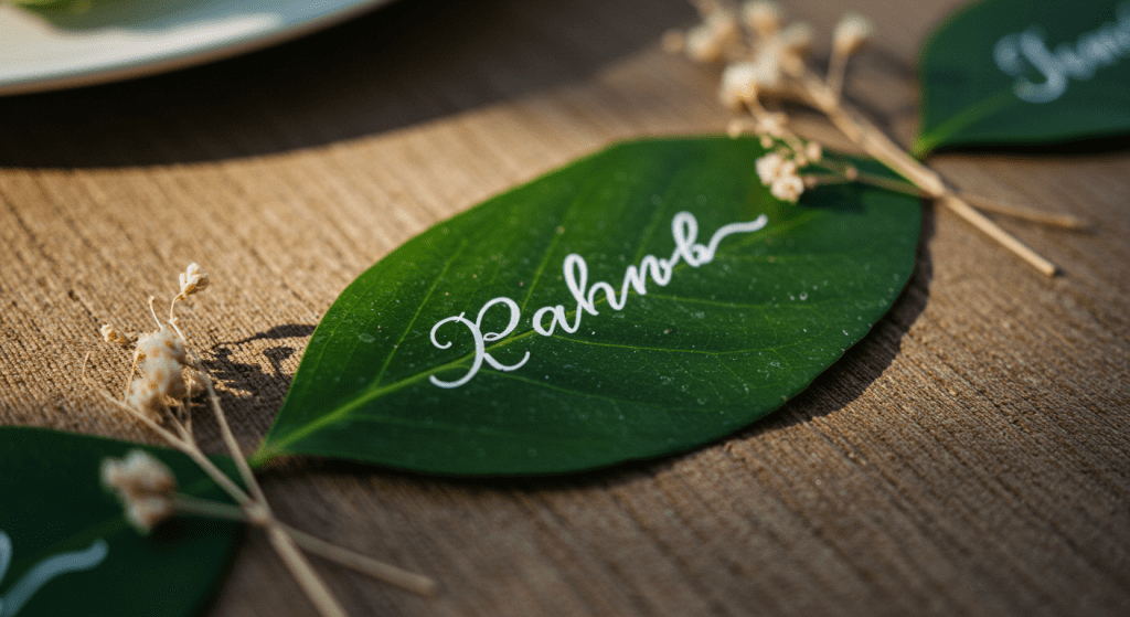 marcasitio de boda hecho con hoja natural y tinta blanca