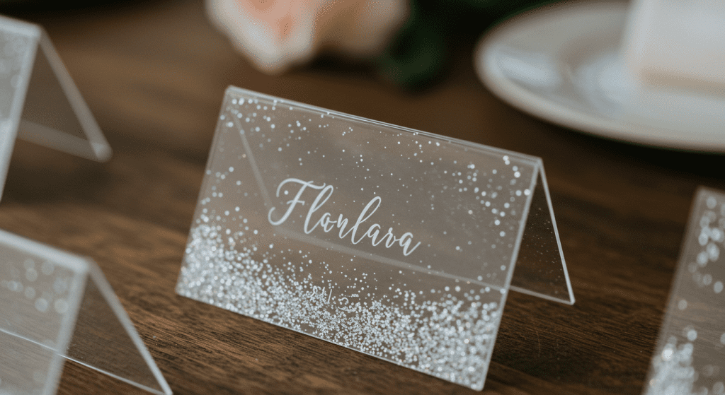 tarjeta de boda transparente con glitter como marcasitio