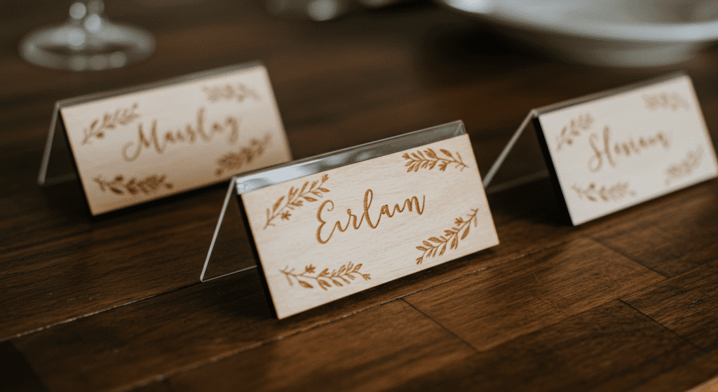 marcasitio de boda en madera grabada con láser