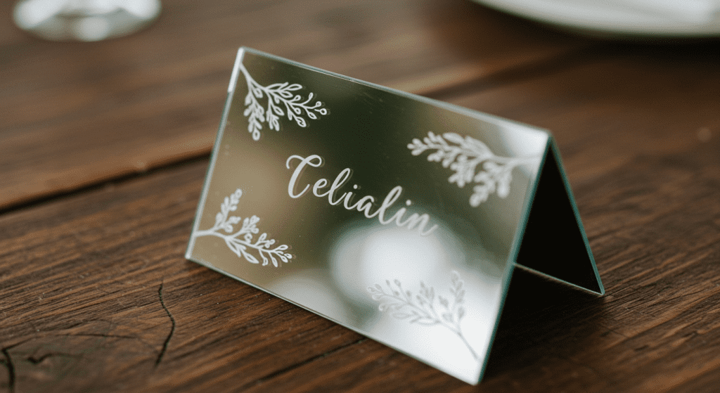 marcasitio elegante en cristal grabado con nombre