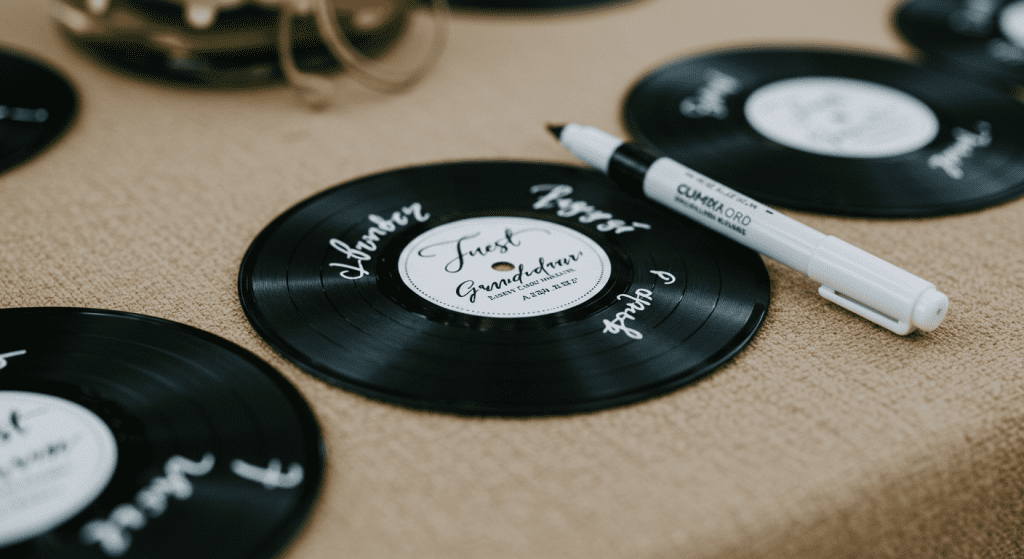 marcasitio en disco de vinilo mini para boda temática musical