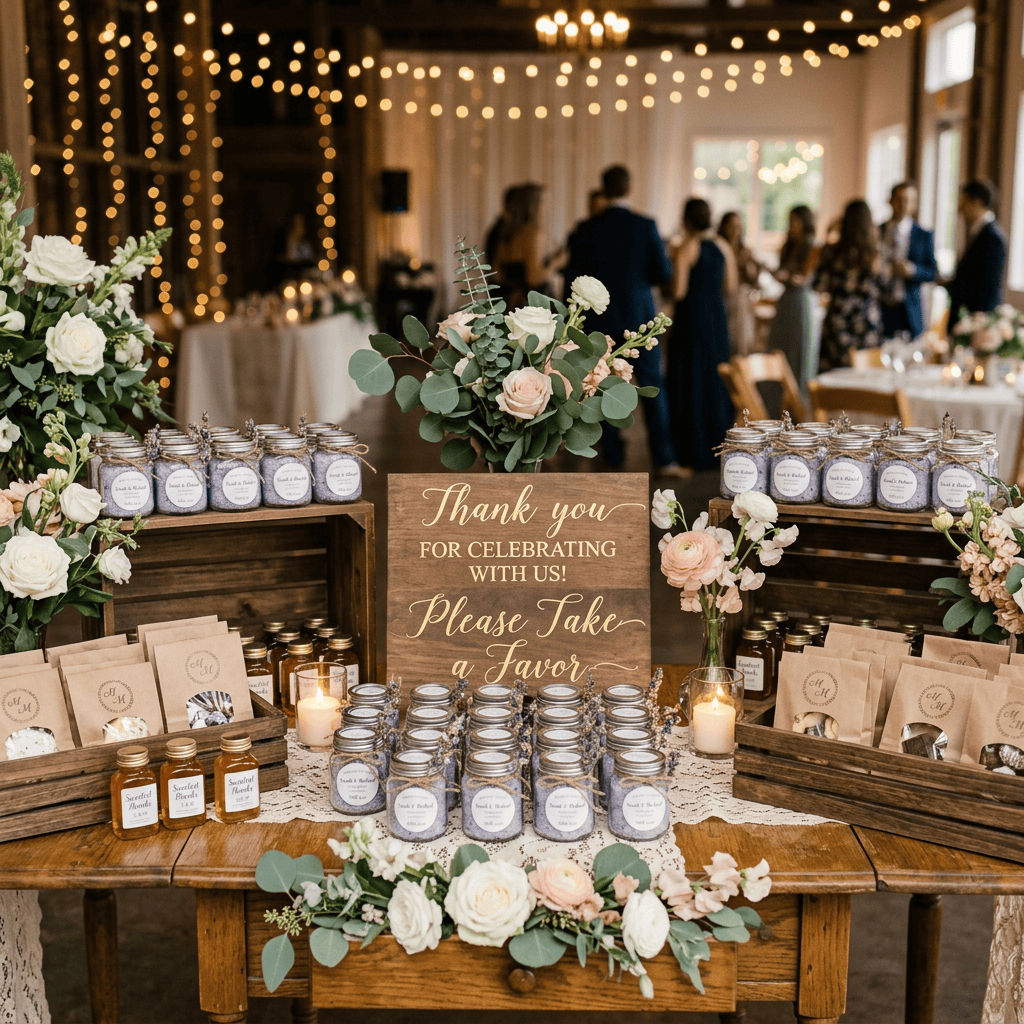 Wedding favor table with jars, small bottles, wrapped treats, floral arrangements, and a thank you sign