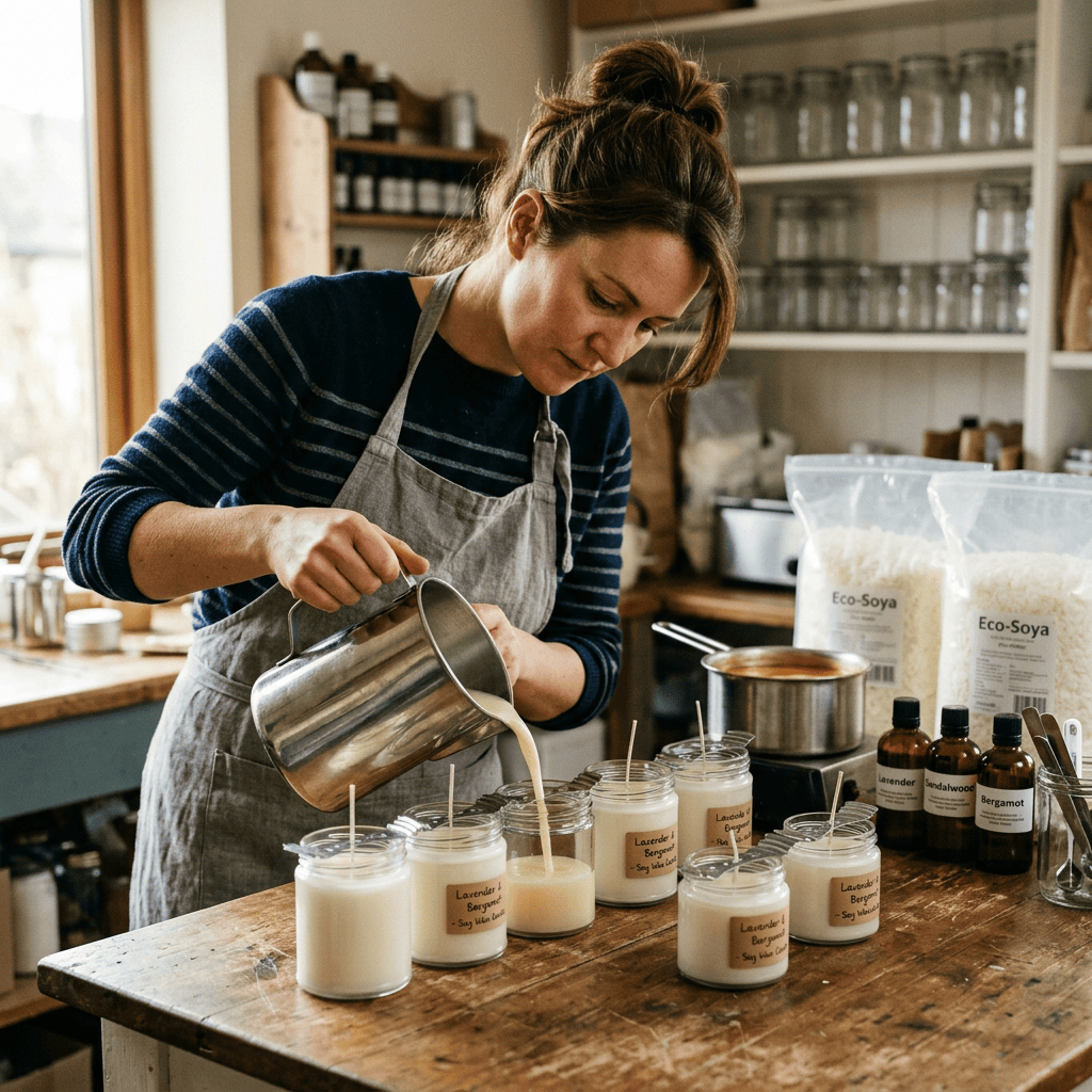 Woman pouring soy wax from a metal jug into jars labeled Lavender & Bergamot candles