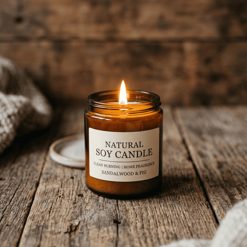 vela de cera de soya encendida con llama limpia sin humo en ambiente cálido del hogar