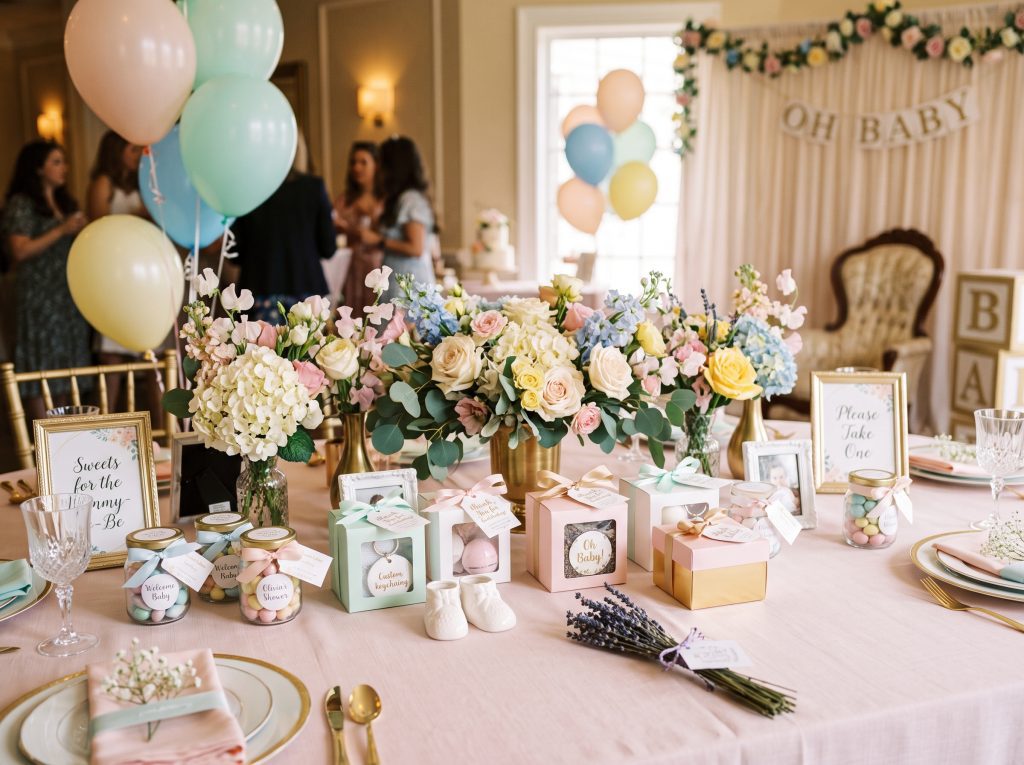 baby shower table decoration souvenirs elegant pastel colors